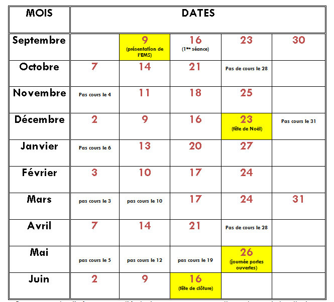 planning école de sport